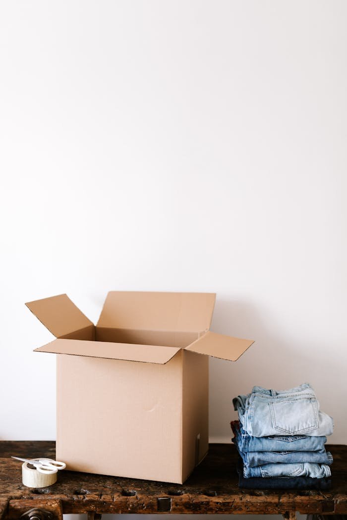 Open cardboard box next to stacked jeans on a rustic table indoors, perfect for moving or storage concepts.